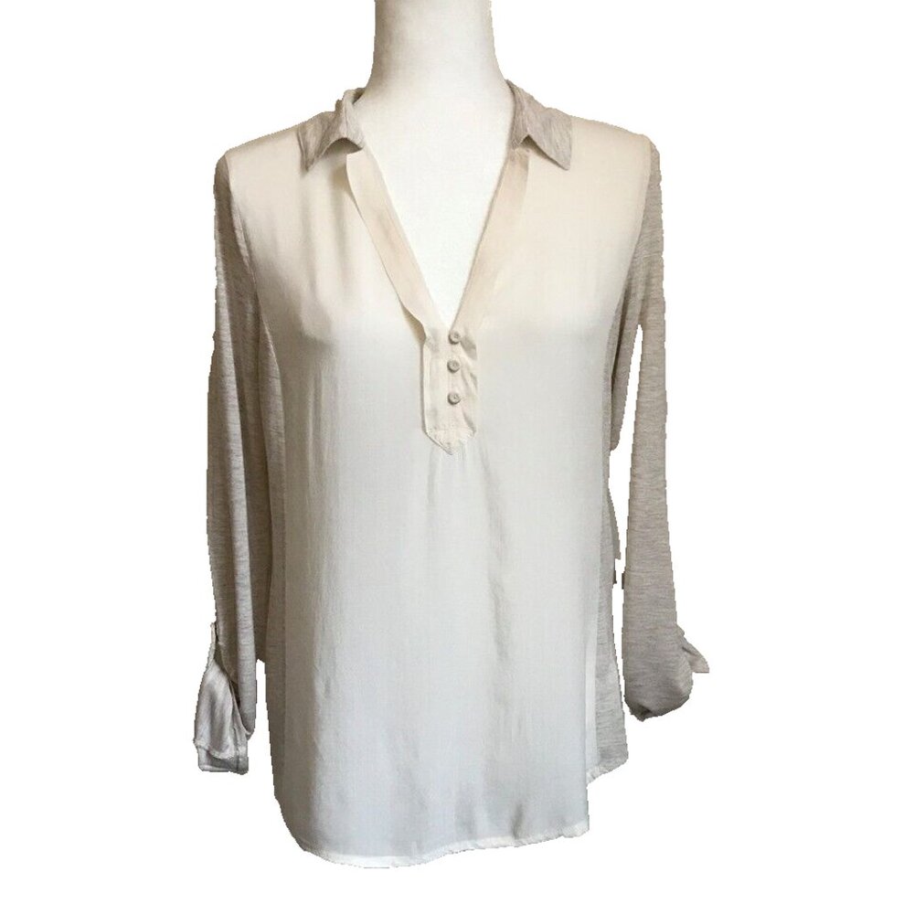 ANTHROPOLOGIE POSTMARK Roll Up Sleeve Blouse Size Small Cream Beige Rayon